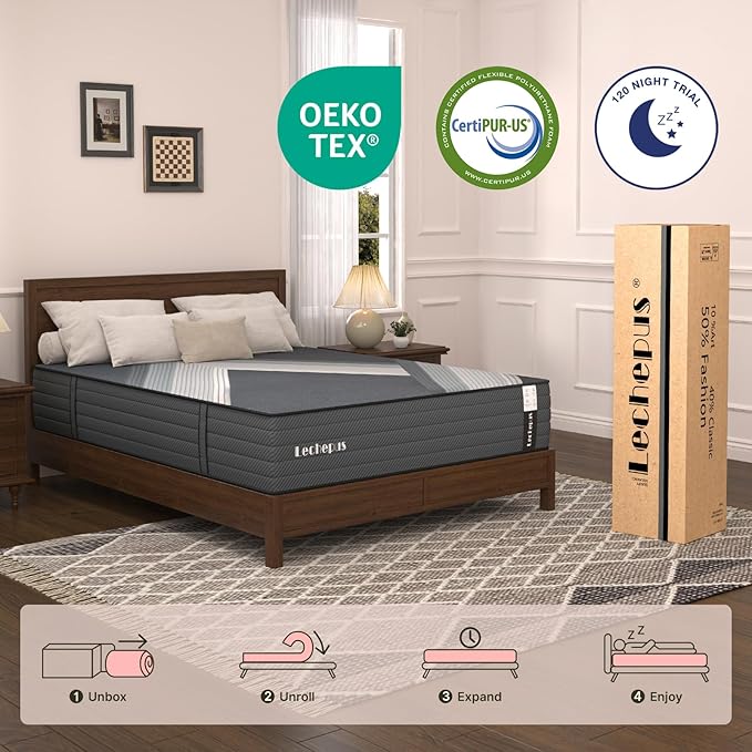 Queen Mattress 10 Inch,Lechepus 5-Zone Medium Firm Mattress with Lumbar & Shoulder Support, Hybrid for Pressure Relief,Edge Support & Motion Isolation, Fiberglass Free & CertiPUR-US