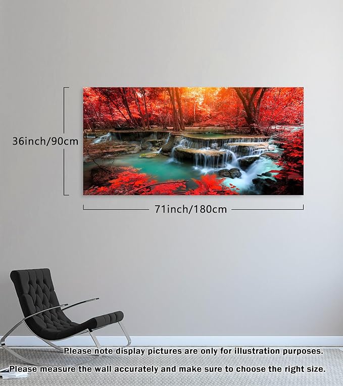Muolunna BK03998 Wall Art Decor Canvas Print Picture Red Forest Waterfalls 1 Piece Modern Landscape Tree for Living Room Bedroom Office Home Decorations Stretched and Framed Ready to Hang