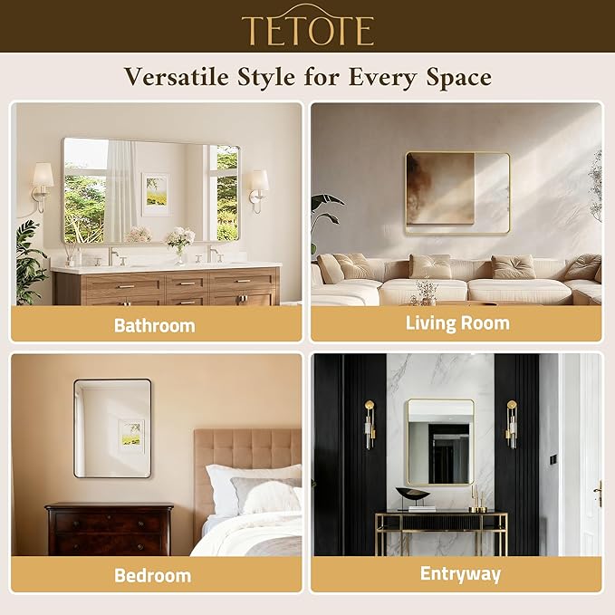 TETOTE 48 x 30 Inch Bathroom Mirror, Matte Black Modern Metal Frame Rectangle