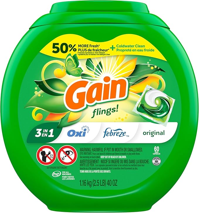 Gain Flings Laundry Detergent Pacs, 60 Count, Original Scent, with Odor Defense, concentrated laundry soap pacs