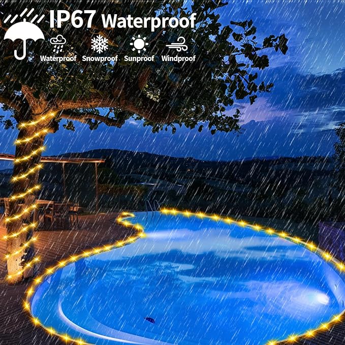 Solar Rope Lights Waterproof 65FT 200LEDs,High Capacity Rechargeable Battery,Dual Charging,Outdoor String Light,Remote-Control,for Pathway Patio Garden Palm Tree Christmas (Brighter - Warm White)