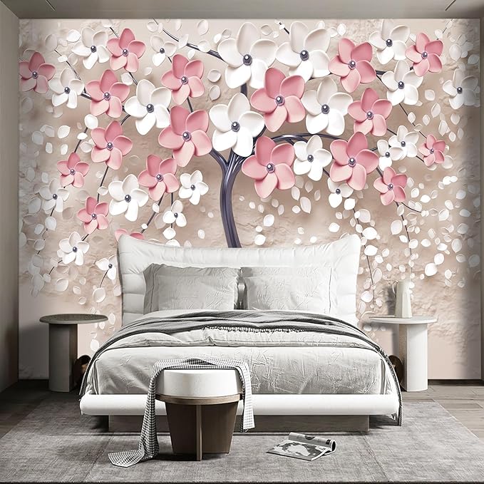 3D Relief Abstraction Pink Flowers Tree Mural Bedroom Floral Wallpaper Room