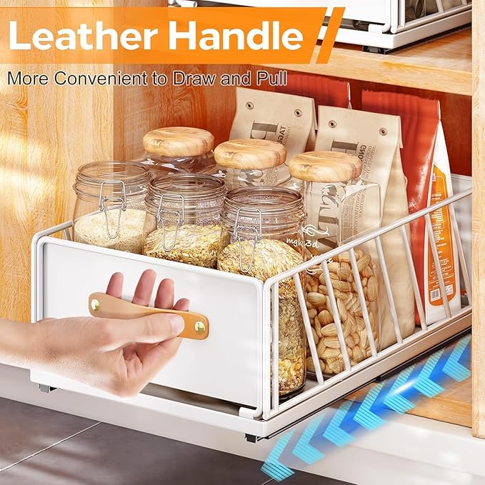 Pull out Cabinet Organizer Fixed with Adhesive Nano Film,Heavy Duty Slide out Pantry Shelves Drawer Storage,Sliding Mesh Basket with Handle for Kitchen, Bathroom,Home, 11.8W"X 15.7D"X6.2"H(4PCS)