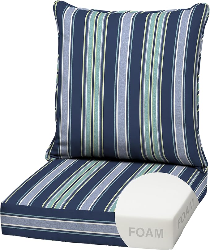 Arden Outdoor Foam Deep Seat Cushion Set, 22x24, Premium High-Density Foam, Never Flattens, Weather-Proof for Patio Chair Sofa Couch, Sapphire Aurora Blue Stripe