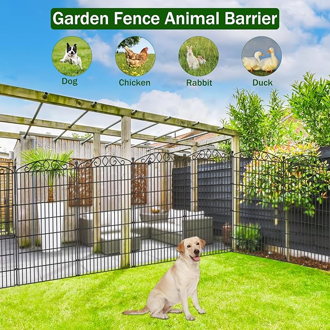 10 Panel No Dig Decorative Garden Fence - 48in H x 22.6 ft L, Tall Animal Barrier for Dogs Rabbits, Rustproof Metal Wire Panels for Yard, Patio, and Outdoor Border Use