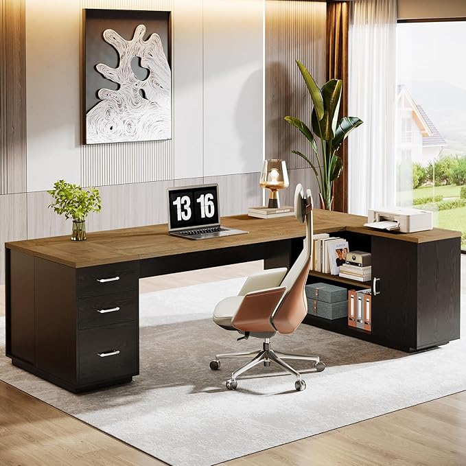 Tribesigns 85.8-Inch L-Shaped Executive Office Desk with File Drawers & Storage Cabinet, Professional Corner Computer Desk Extra Large Business Workstation with Adjustable Shelves (Light Brown&Black)