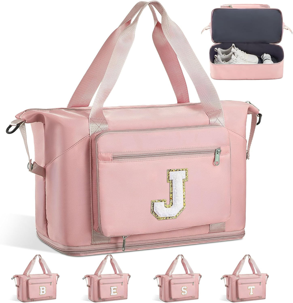 Skiennix Initial Duffle Bag - Trendy Travel & Gym Bag with Shoe Compartment | Pink J