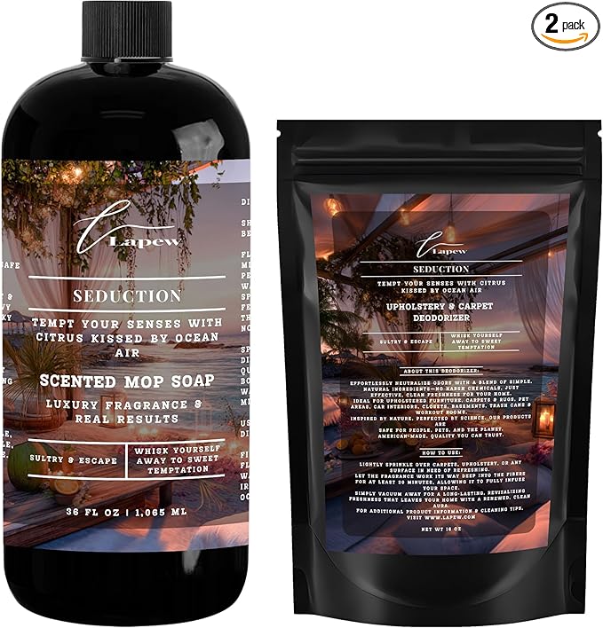 LaPew Seduction Scented Cleaning Bundle | Carpet Deodorizer Powder (16 oz) & Mop Soap Concentrate (36 oz) | Pet-Friendly Odor Eliminator