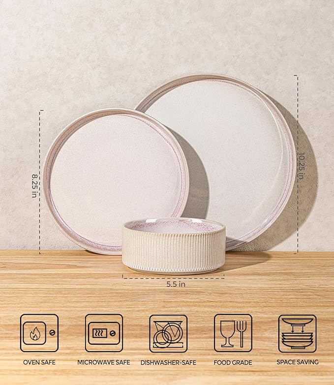 TheTerra Ceramic Dinnerware Sets for 6, 18 Pieces Porcelain Lightweight Plates and Bowls Sets, Scratch Resistant Dish Set, Oven & Microwave & Dishwasher Safe, Primrose Pink