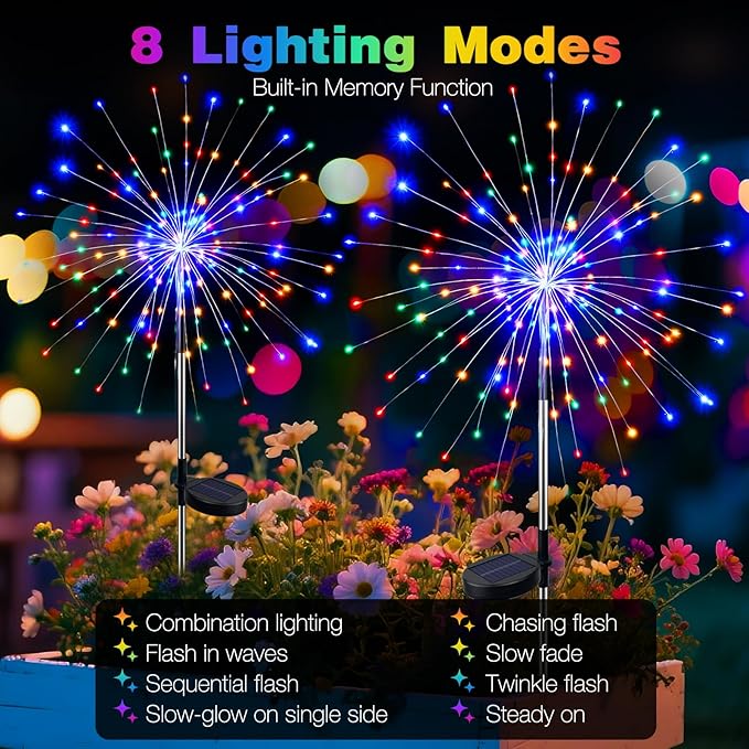 btfarm 6 Pack Solar Garden Lights Outdoor, 8 Modes Firework Lights Solar Powered, Waterproof Twinkle Fairy Light Outside for Yard Patio Pathway Pool Christmas Party Decorative, Multicolor