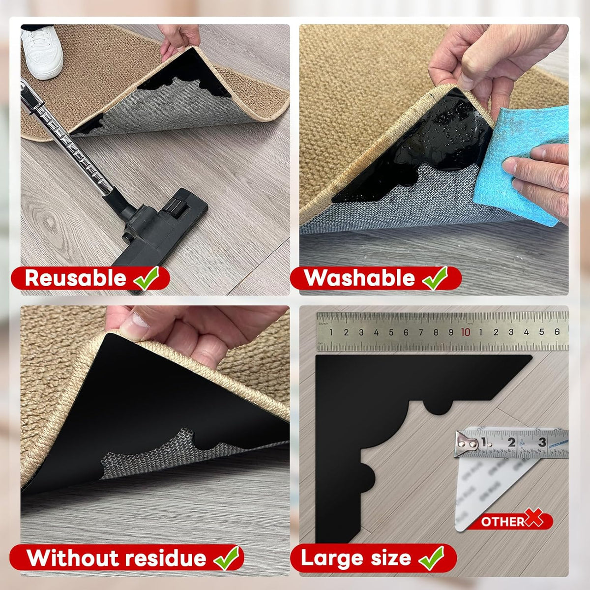 Rug Non Slip Grippers, Reusable Rug Tape Pads for Hardwood Floors, Strong Carpet Gripper for Area Rugs, No Damaging for Floor, 16Pcs