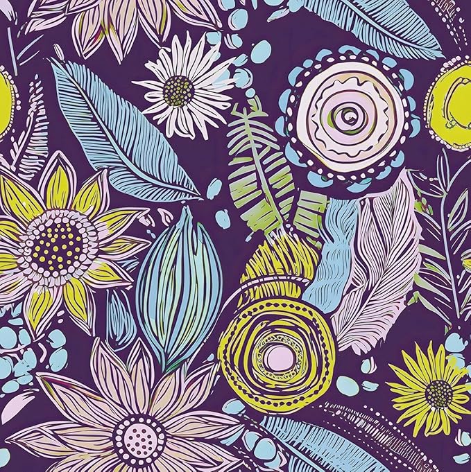 Purple Boho Wallpaper Peel and Stick, Vintage Yellow Floral Contact Paper