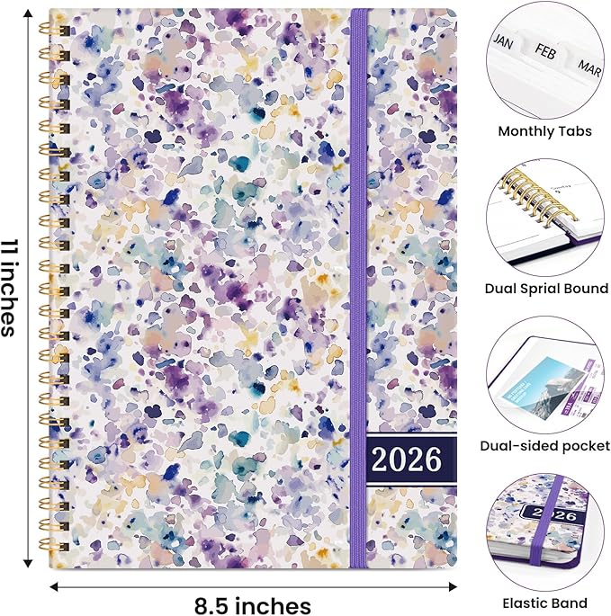 2026 Planner, Weekly and Monthly Planner for Women, Jan 2026 - Dec 2026 Pretty 2026 Calendar Planner with Monthly Tabs, Inner Pocket, Spiral Binding, Perfect for Office Home School - 8.5" x 11", Purple Blocks