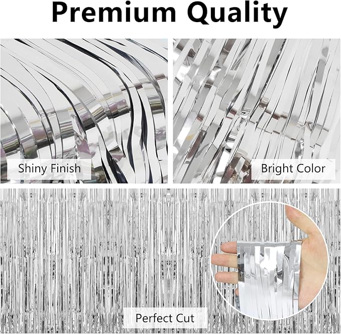 Christmas Decorations Thicken Silver Streamers, 4 Pack 3.2 x 8.2 FT Silver Tinsel Backdrop Curtains, Foil Fringe Photo Backdrop for Birthday, Bachelorette, Prom, Engagement, Disco Party Decorations