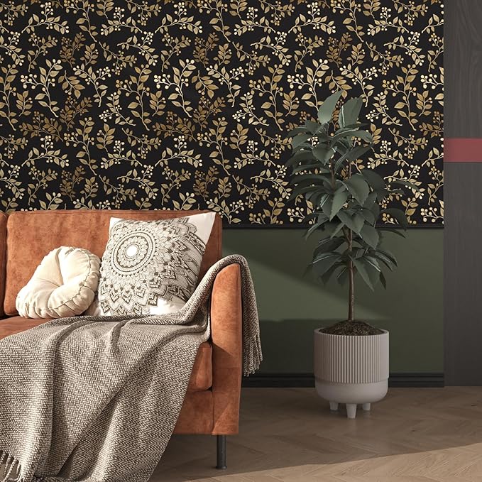 Dark Floral Peel and Stick Wallpaper, Vintage Gold Leaf Self-Adhesive Contact
