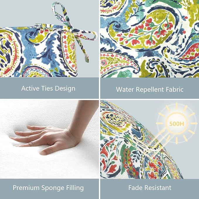 LVTXIII Outdoor Chair Cushions, Water Repellent Patio Furniture Cushions Outdoor Square Chair Pads with Ties for Dining Chairs and Garden Furniture Decoration, 18.5"x16"x2" Set of 4, Paradise Paisley
