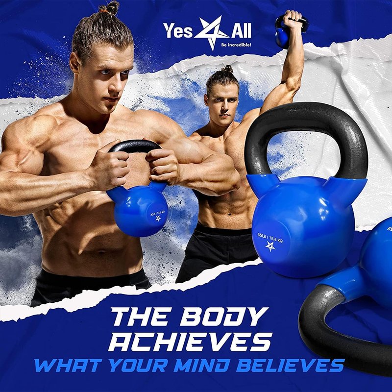 Yes4All Kettlebell, 10 lb Vinyl Coated Cast Iron Kettlebell Set of 2 for Home Gym Exercises, Heavy Weights Gym, Fitness, Full Body Workout Equipment, Push up, Grip, Strength Training - Blue