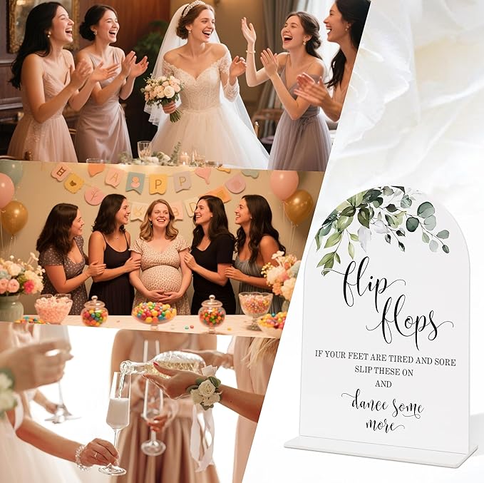 Wedding Signs for Reception, Green Leaves Flip Flops Sign, Wedding Reception Signage, Bridal Shower Table Decorations with Base, Dance Floor Accessories for Proposal, Bridal Shower Events Ceremony, 11
