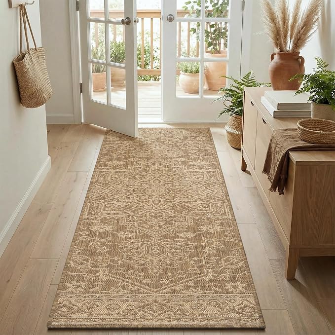 MontVoo-2x8 ft Indoor Outdoor Runner Rugs for Entryway Porch Hallway Kitchen Door Entrance Long, Textured Weave Polypropylene, Durable for High Traffic, Fade-Resistant, Vintage Medallion Neutral Brown