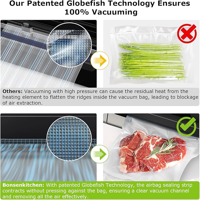 Bonsenkitchen Vacuum Sealer Machine, Powerful Low-Noise Food Vacuum Sealer, Globefish Technology for High-Speed Continuous Working (Full Silver)