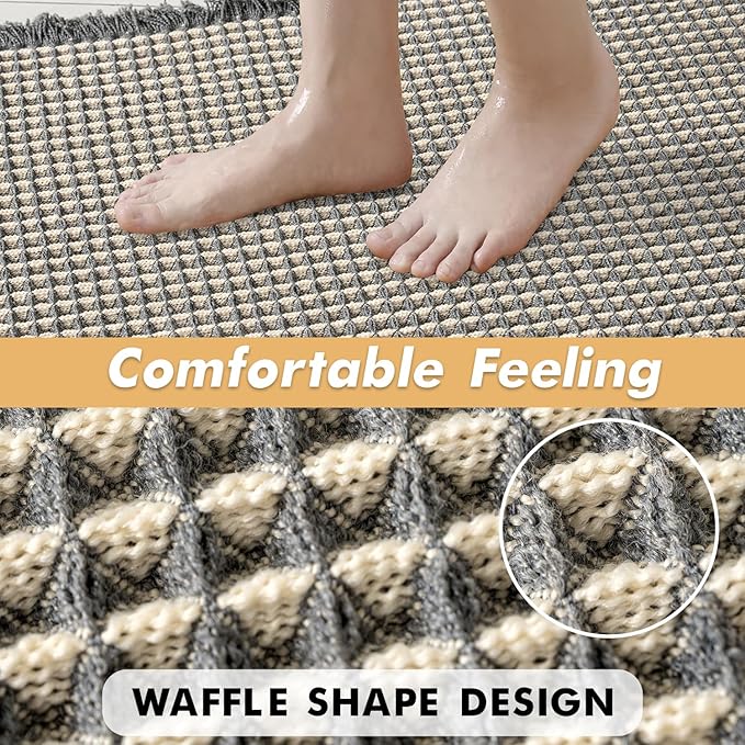 MIULEE Set of 2 Waffle Bathroom Runner Rugs, Boho Bath Rugs Non Slip Washable, Super Absorbent Runner Bath Mats Rubber Backed, Ideal for Hallway Laundry Room, Dark Grey & Yellow, 2' x 4'(24 x 48 Inch)