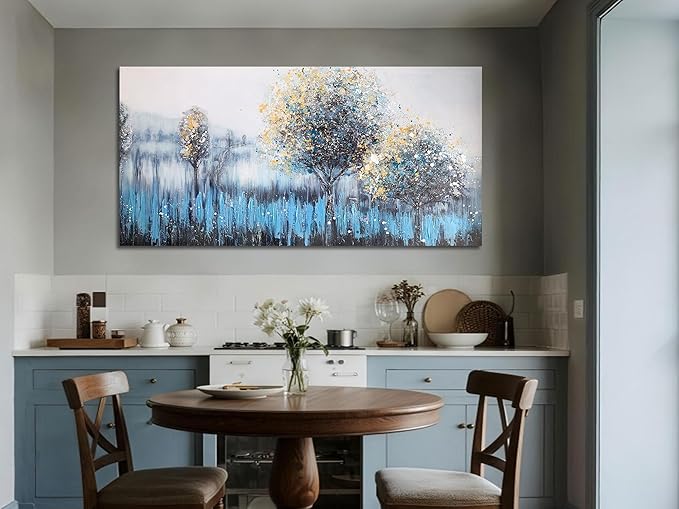 Arjun Large Canvas Wall Art for Living Room Landscape Bedroom Teal Painting Forest Textured Picture Modern Panoramic Nature Artwork Home Office Wall Decor, 48"x24"