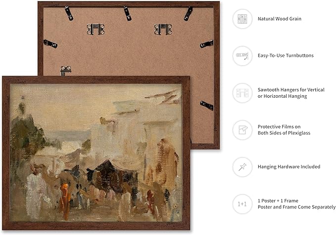 Poster Master Vintage The Bazaar Painting Poster - Retro Street in Udaipur Print - India Art - Cityscape Art - Farmhouse Art - Abstract Art - Office or Living Room Wall Decor, 8x10 Brown Framed