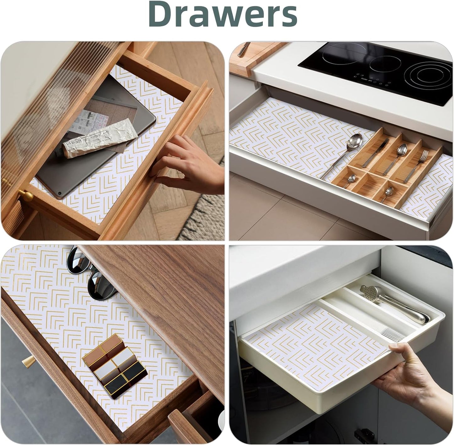 Shelf Liner for Kitchen Cabinets Non Adhesive Drawer Liner Non-Slip Thickened Shelf Liner Paper Strong Easy to Clean for Tool Box Refrigerator with Knife and Tape Measure, Gold Arrow, 11.8 x 354.3 in