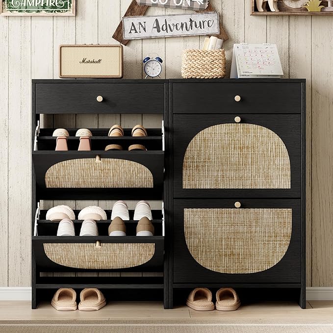 Nicetree Shoe Cabinet for Entryway, Slim Shoe Rack with 2 Flip Drawers and Top Storage Drawer, Narrow Shoe Organizer with Arched Rattan Accent, Entryway Shoe Storage for Size 12 Shoes, Black