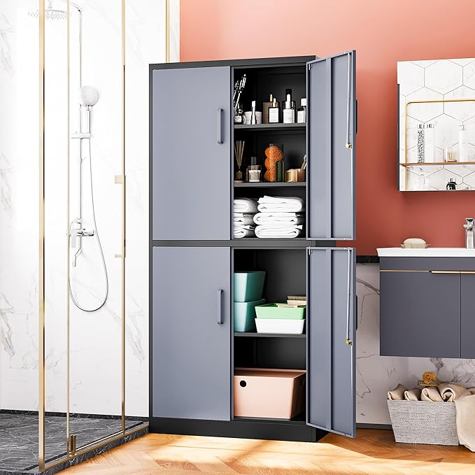 71” Metal Storage Cabinet-Lockable File Garage Tool Cabinets with Doors and Shelves- Gray&Black Steel Cabinet for Garage-Heavy Duty File Storage for Home, Office, Gym, Kitchen, School