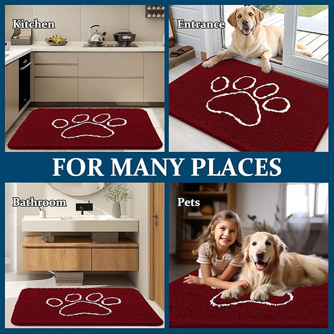 OLANLY Dog Door Mat for Muddy Paws 30x20, Paw Print Design, Absorbs Moisture and Dirt, Absorbent Non-Slip Washable Doormat, Quick Dry Chenille Mud Mat for Dogs, Entry Indoor Entryway Carpet, Red