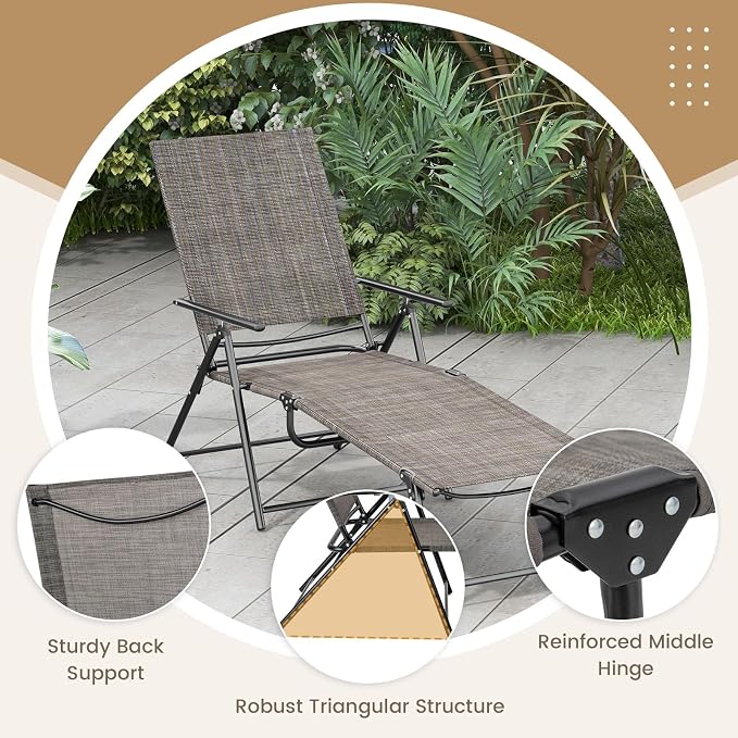 Giantex Lounge Chair Outdoor Set of 2 - Tanning Chair with 6 Adjustable Backrest, 2-Level Footrest, Folding Sunbathing Lounger for Patio, Poolside, Yard, Chaise Lounge Chair, Beach Chair (Brown)