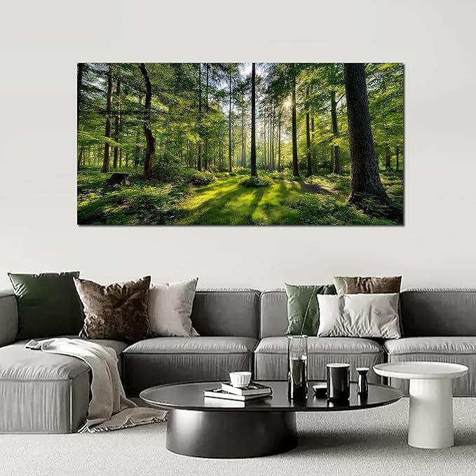 Tarfupth Large Forest Wall Art for Living Room Green Woodland Landscape with Sunlight Modern Nature Wall Decor for Bedroom Office Home Decor 29"x58"