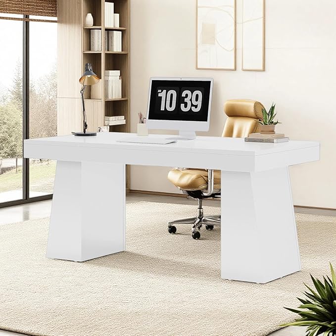 Tribesigns 55-Inch Executive Desk, Large Wood Office Computer Desk with Double Pedestal, Modern Minimalist Workstations Writing Table Conference Table Furniture for Home Office, White