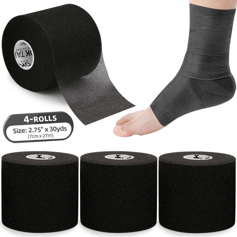 OK TAPE Pre Wrap Tape (4-Rolls, 120 Yards) - Athletic Foam Underwrap for Sports, Protect for Ankles Wrists Hands and Knees, 2.75 Inches - Black