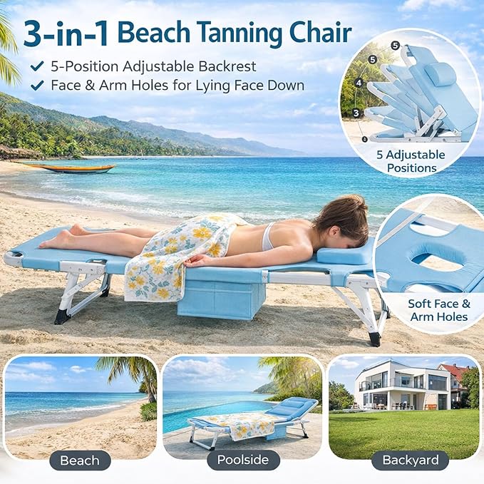ABORON 4-in-1 Lounge Chair with Face & Arm Holes for Tanning, 440LB Heavy-Duty Folding Recliner with Plush Cotton Cushion, No Assembly Tri-Fold Guest Bed for Sunbathing, Poolside, Office Nap & Camping