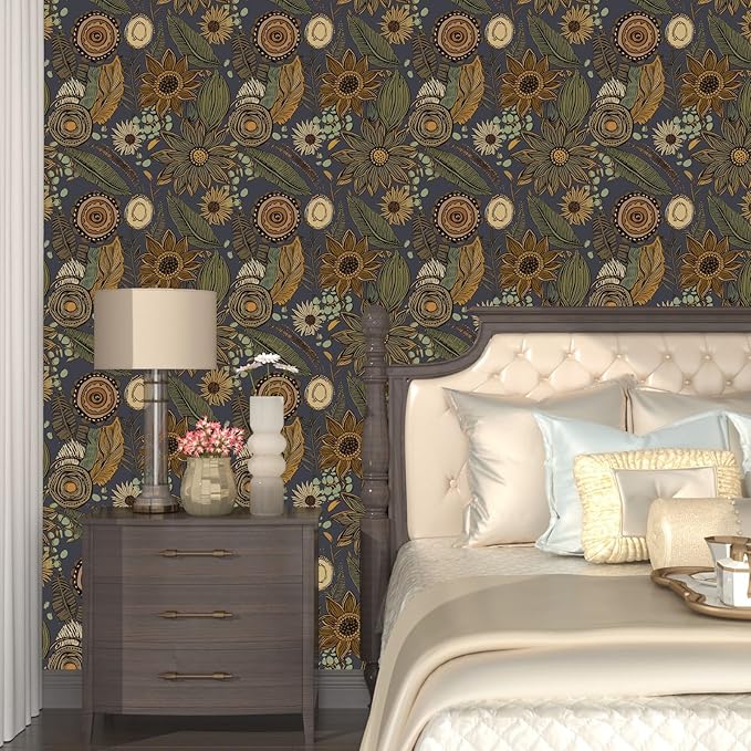 Boho Wallpaper Peel and Stick, Vintage Blue Yellow Floral Contact Paper 17.5" x