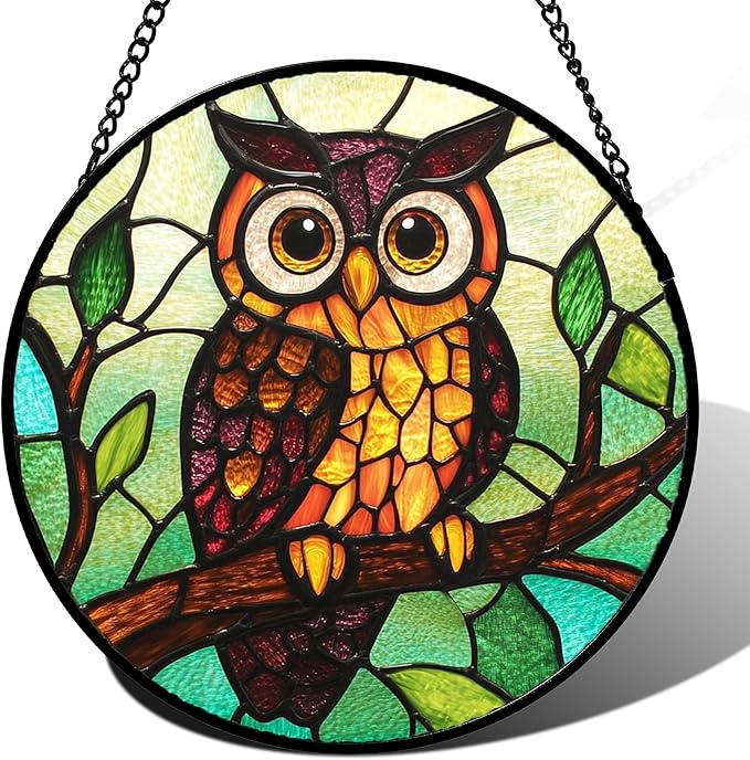 Stained Glass Window Hanging - Owl on a Branch Suncatcher for Doors Window Home Orange Brown Sun Catchers Decor Christmas Mother's Day Birthday Gifts for Teacher Women Men Mom Nana 11.8 in