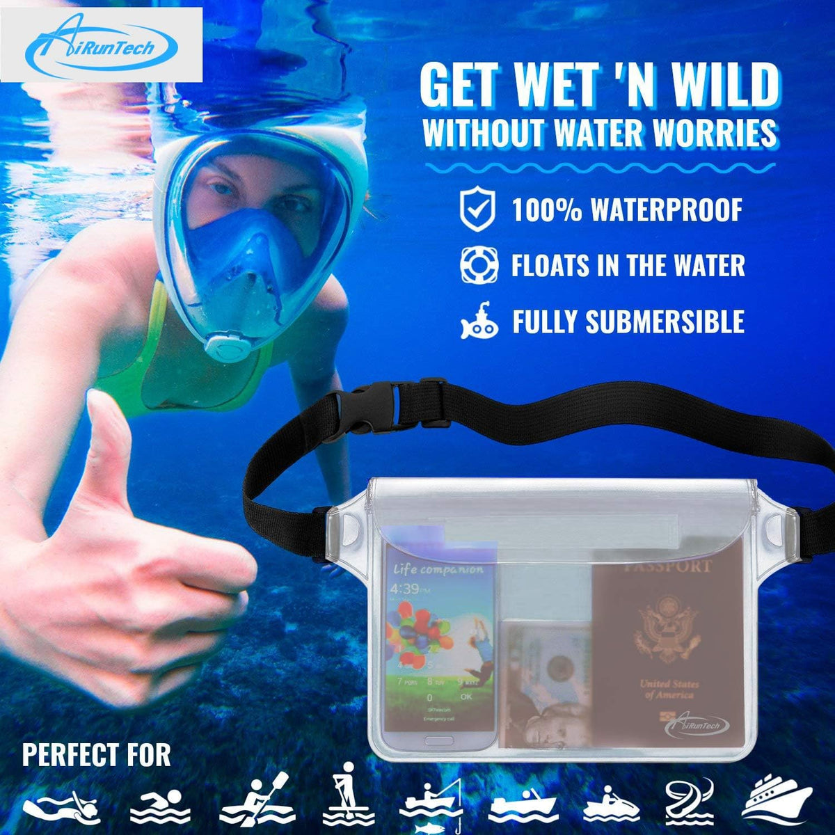 AiRunTech Waterproof Pouch - 2 Pack Waist Strap | Keep Your Phone Safe & Dry for Beach, Pool, Boating, and More