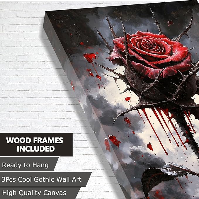 Framed Gothic Wall Art, Romantic Goth Decor, Spooky Dark Crow Flower Butterfly Aesthetic Pictures Decor for Bedroom Living Room Home(Framed, 12x16in, Set of 3, Ready to Hang)