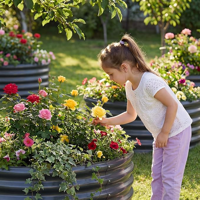 AHEONLAR 3PCS 2x2x2ft Galvanized Raised Garden Bed Kit Round Metal Flower Box Large Planter Raised Beds Outdoor Garden for Planting,Fruit,Herb Grey