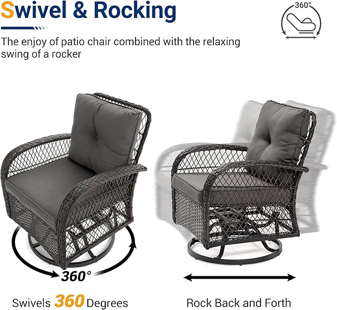 UDPATIO 3 Pieces Patio Furniture Set, Outdoor Swivel Rocker Patio Chairs Set of 2, All-Weather PE Wicker Glider Chairs with Thick Cushions and Glass Coffee Table，for Porch Deck Backyard Grey