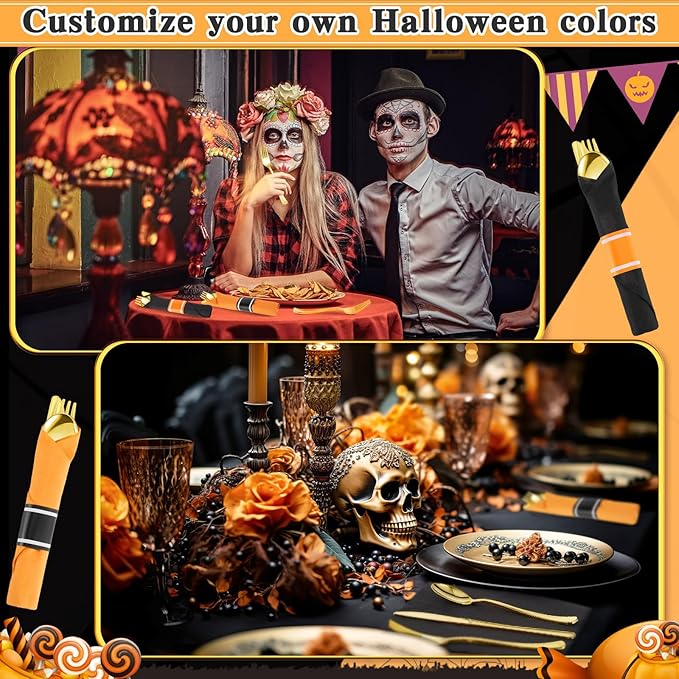 Lasnten 50 Pcs Pre-rolled Halloween Plastic Silverware Set Gold Disposable Plastic Cutlery Set with 50 Orange Black Napkins, 50 Knives, 50 Forks and 50 Spoons for Halloween Parties