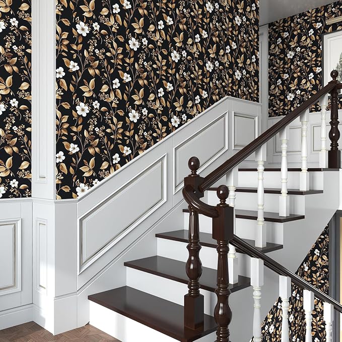 Vintage Black Peel and Stick Wallpaper – Black and Gold Floral Leaf Design Dark