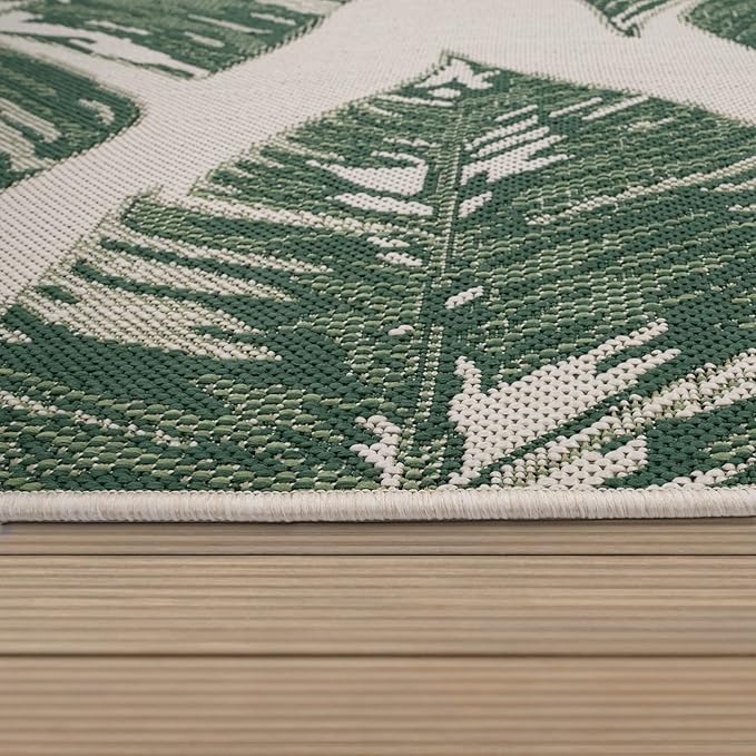 Tropical Outdoor Rug Jungle Leaves Design for Patio in Green Beige, Size: 6'7" x 9'6"