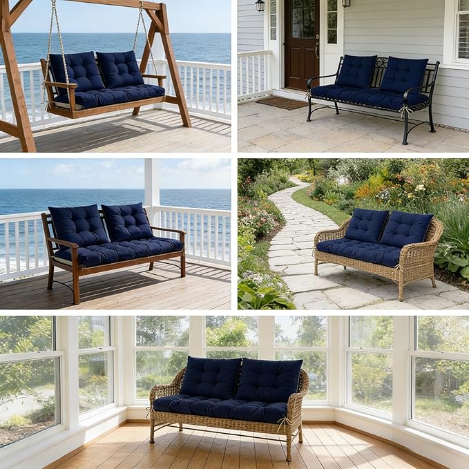 3 Pcs Wicker Chair Cushions Patio Loveseat Chaise Cushion Set - 1200D 47x19*4 Inch Waterproof Wicker Bench Cushions with 2 19x19x4 Inch Chair Cushions for Garden Porch Wicker Patio Furniture(Navy)