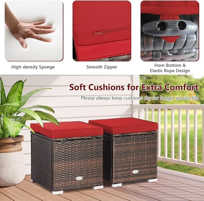 Tangkula 2 Pieces Patio Ottomans, Patiojoy Hand-Woven PE Rattan Side Table with Removable Cushion & Hidden Storage Space, Multifunctional Storage Box, Seat for Patio, Backyard, Poolside (Red)