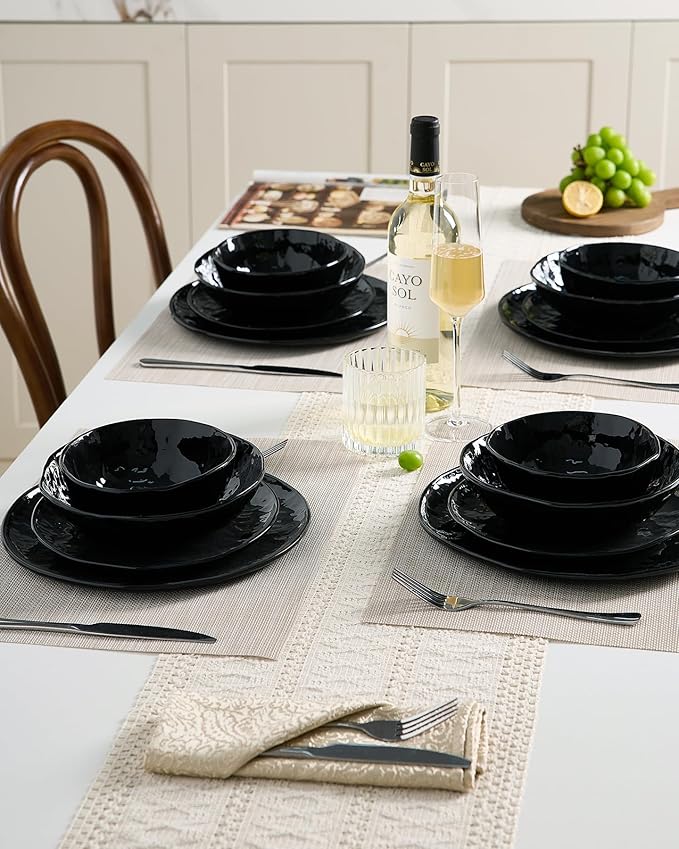Famiware Porcelain kitchen plates and bowls set, Modern dishes set for 6, Handmade Wave Edge Dinnerware Sets, Microwave and Dishwasher Safe Tableware, Glossy-black (24pc)