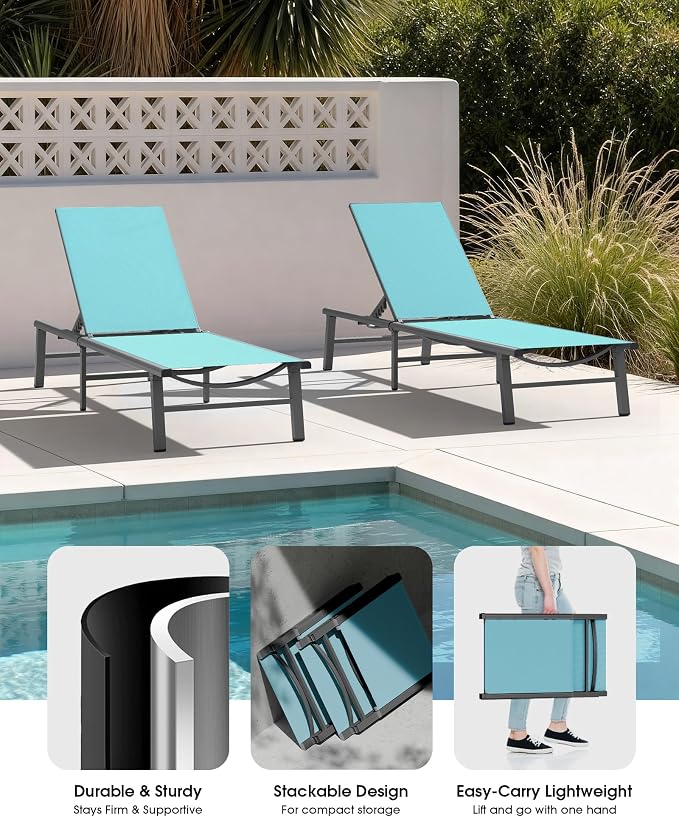 Ciokea Foldable Outdoor Lounge Chair Set of 4, No Assembly Aluminum Chaise Lounge Outdoor with 5-Positions, Aluminum Pool Lounge Chairs with Portable Design for Pool, Deck, Beach, Patio (Lake Blue)