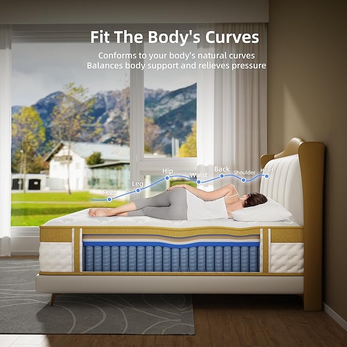 Cooling Gel Memory Foam Hybrid Mattress, 12 Inch Queen Size Mattress in A Box with Pocket Springs for Back Pain & Pressure Relief, Medium Firm Feeling with CertiPUR-US Certified Foam